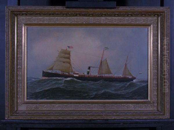 Het s.s. 'Schiedam' (I) van de Nederlandsch Amerikaansche Stoomvaart Maatschappij (NASM) Oil Painting by Antonio Jacobsen