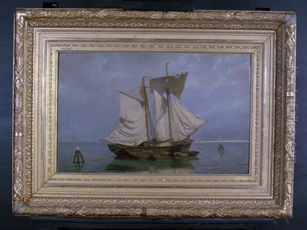 Topzeilschoener met drogende zeilen Oil Painting by Johan Conrad Greive