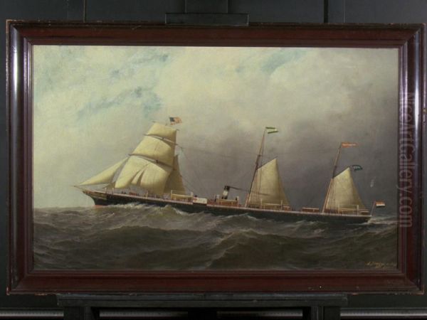 Het s.s. 'W.A. Scholten' van de Nederlandsch Amerikaansche Stoomvaart Maatschappij (NASM) Oil Painting by Antonio Jacobsen