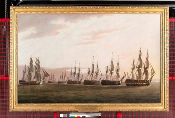 A View of the H.C. Ship General Goddard, Captn. W.T. Money, passing along the Enemy's Line to bring the Dutch Commodore to, at Sun-rise, in the Morning of the 14th. of June 1795 Oil Painting by Thomas Luny