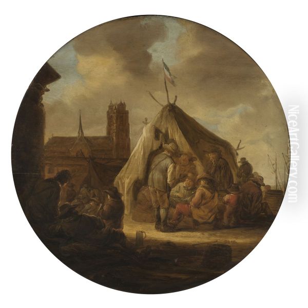 Rustpauze van soldaten voor de Grote Kerk in Dordrecht Oil Painting by Benjamin Gerritsz Cuyp