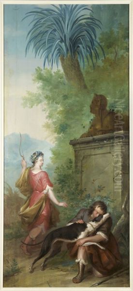 Behangsel met Dorinda die Silvio zijn hond Melampo teruggeeft Oil Painting by Aert Schouman