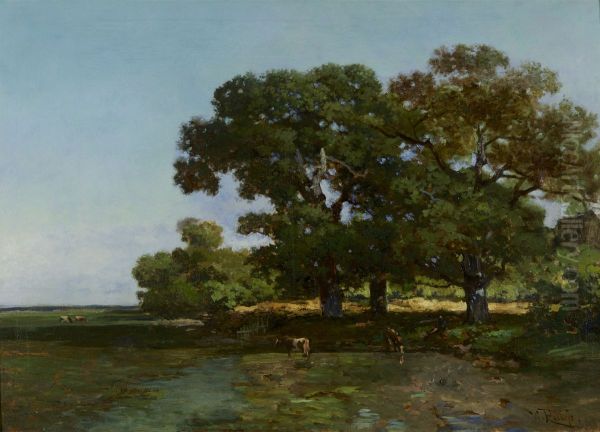 Zomerlandschap (koeien onder geboomte aan rivieroever) Oil Painting by Willem Roelofs