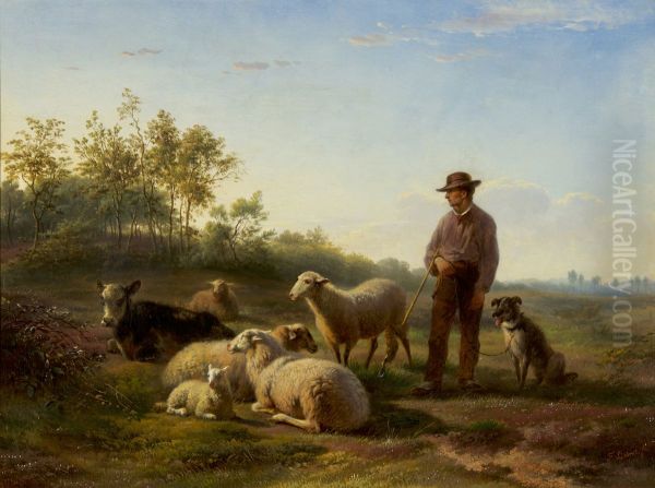 Herder met hond en stok bij zijn kudde Oil Painting by Frans Lebret