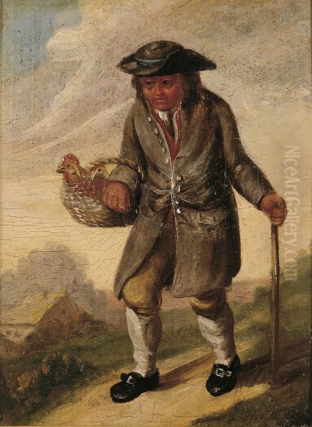 A farmer from Valby heading for the Copenhagen market with hens in a basket. Oil Painting by Peter Cramer