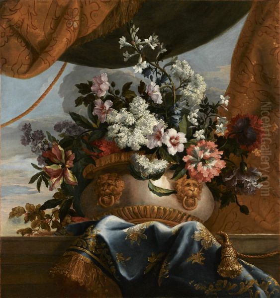 Porcelain vase with flowers Oil Painting by Jean-Baptiste Monnoyer