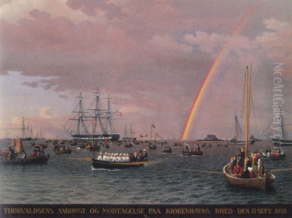 Thorvaldsens ankomst pa Kobenhavns red. Oil Painting by Christoffer Wilhelm Eckersberg