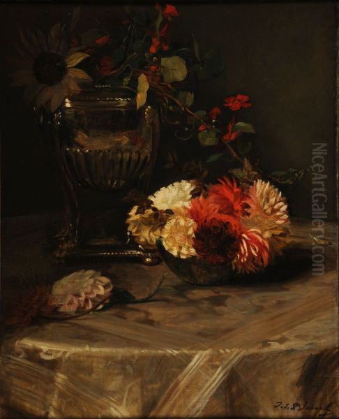 Dahlias et capucines a l'urne d'argent Oil Painting by Jacques-Emile Blanche