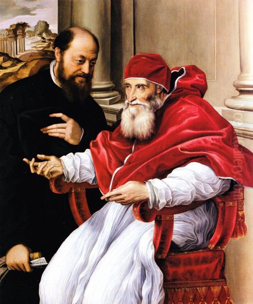 Portrait of Pope Paul III with cardinal Reginald Pole Oil Painting by Perino del Vaga