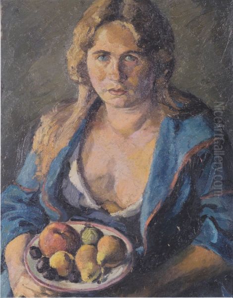 The artists wife with a fruit-plate Oil Painting by Felix Esterl