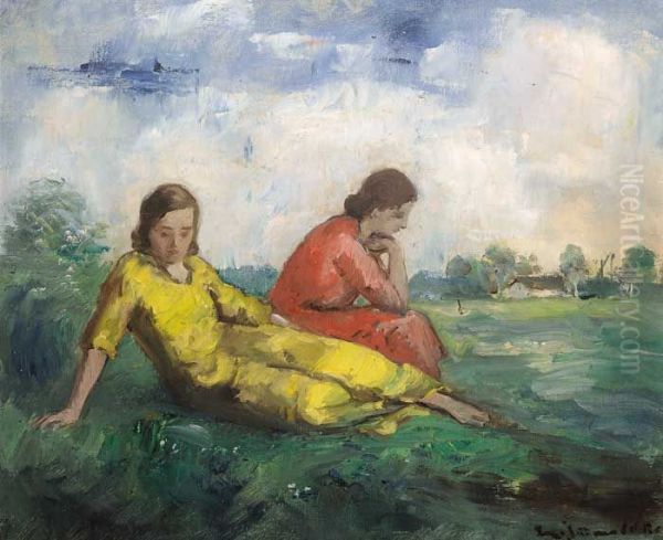 Resting Girls Oil Painting by Bela Ivanyi-Grunwald