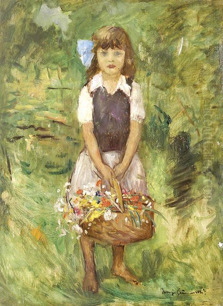 Little Girl with Flower Basket Oil Painting by Bela Ivanyi-Grunwald