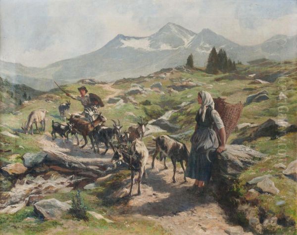 Auf dem Almweg - Ziegenhirte und Sennerin Oil Painting by Rudolf Alfred Jaumann