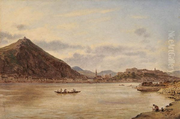 Buda latkepe Ferencaros felol. A Gellert hegy tetejen az 1849-ben elpusztult Csillagda epuletevel. Oil Painting by Rudolf von Alt