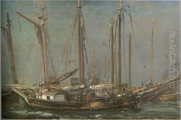 Ship at Anchor Oil Painting by Yuzo Saeki