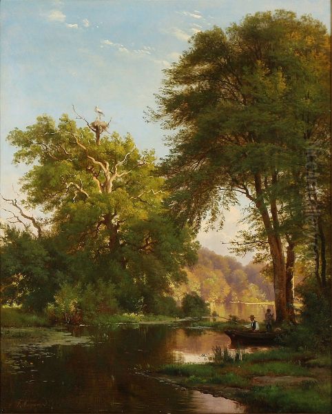 A man and a boy fishing from a boat by the bank of a stream Oil Painting by Carl Frederik Aagaard