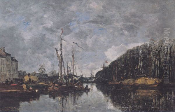 Kanal an der Allee Verte in Brussel Oil Painting by Eugene Louis Boudin