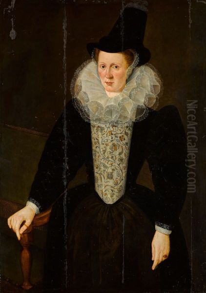 Portrait of a lady, three-quarter-length, wearing a black dress with an embroidered stomacher, a white ruff and a black hat Oil Painting by Marcus Gheeraerts the Younger