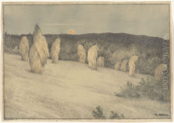 Stooks of Corn in Moon light Oil Painting by Theodor Kittelsen