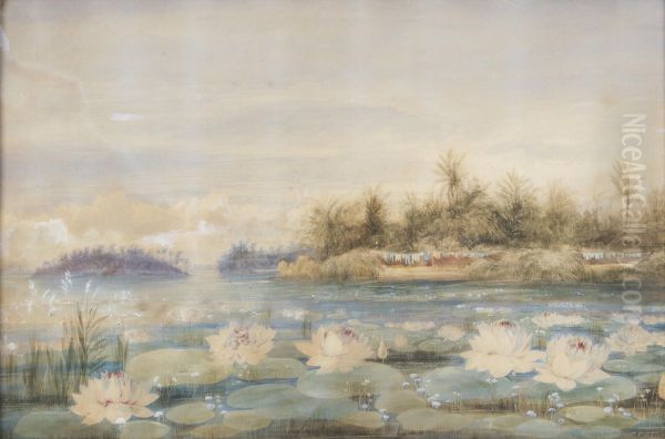 Water lilies in front of Ceylon Oil Painting by Andrew Nicholl