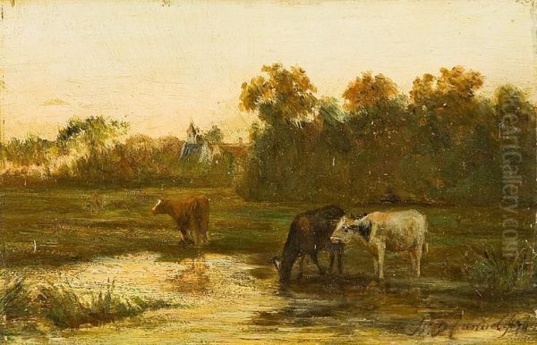 Drei Kuhe Am Wasser In Wiesenlandschaft Mit Dorfhausern Oil Painting by Willem Philippus Candel