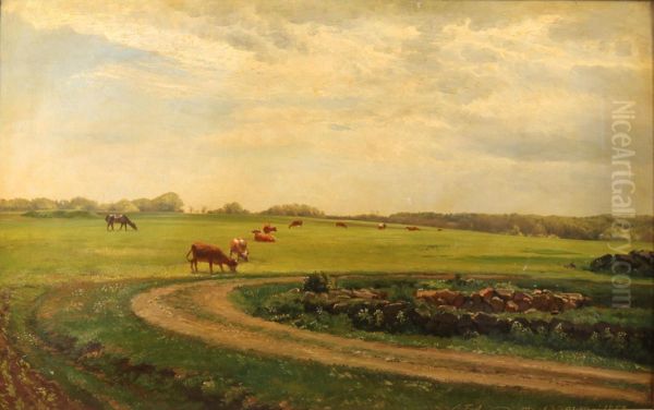 Landscape with cows and a horse on the island of AEbelo. Oil Painting by Carl Frederik Aagaard