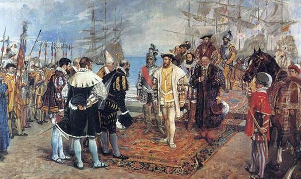 Desembarcament de Francesc I al port de Valencia (1876) Oil Painting by Ignacio Pinazo Camarlench