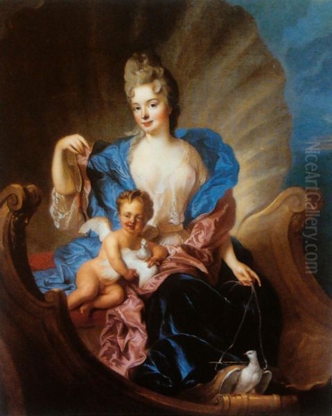 Portrait of Countess of Cosel with son as Cupido. Oil Painting by Francois de Troy