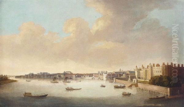 A view of London and the Thames, looking west, with the York Steps, Footstool Church and Westminster Hall Oil Painting by Cornelis Bol