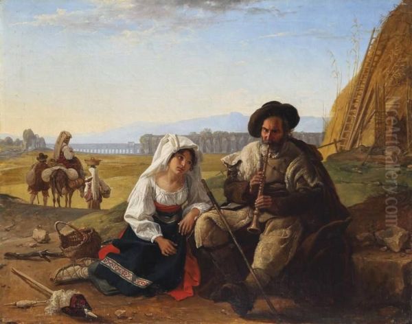 Old Pifferaro with a young woman listening to the music Oil Painting by Franz Ludwig Catel