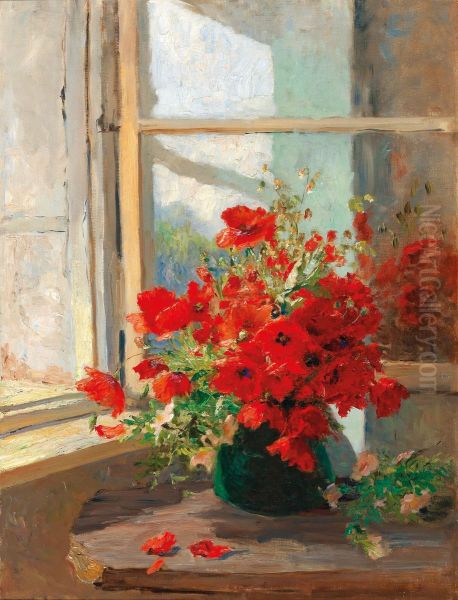 A bouquet of poppies by the window Oil Painting by Olga Wisinger-Florian