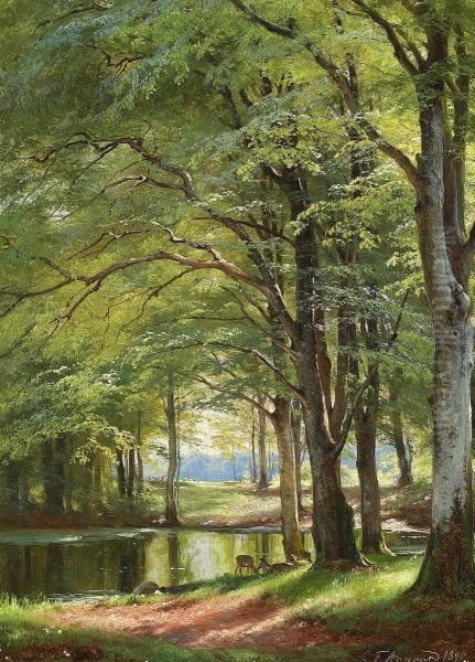 A stream running through a forest. Oil Painting by Carl Frederik Aagaard