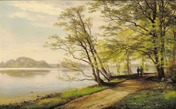 People walking near a lake in springtime. Oil Painting by Carl Frederik Aagaard