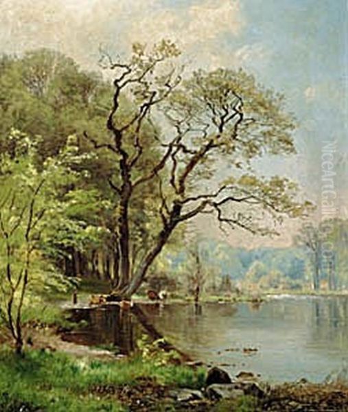 Watering the cows at a forest lake. Oil Painting by Carl Frederik Aagaard