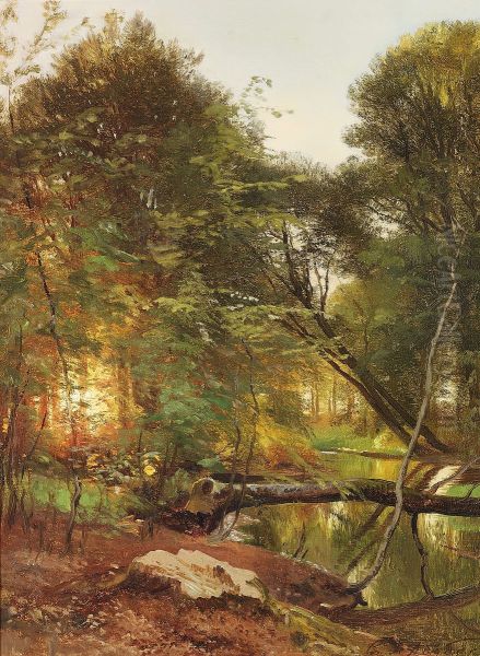 A stream running through a forest at sunset. Oil Painting by Carl Frederik Aagaard