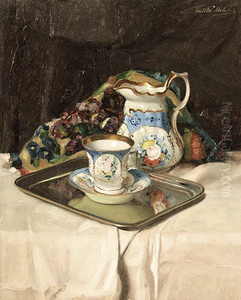 Still-life with Porcelain Oil Painting by Janos Pentelei Molnar