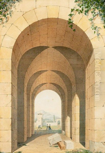 People at a city gate in the mountains. Oil Painting by Vilhelm Pacht