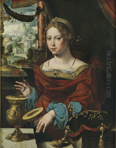 De H. Maria Magdalena met zalfpot en bloemen Oil Painting by Pieter Coecke Van Aelst