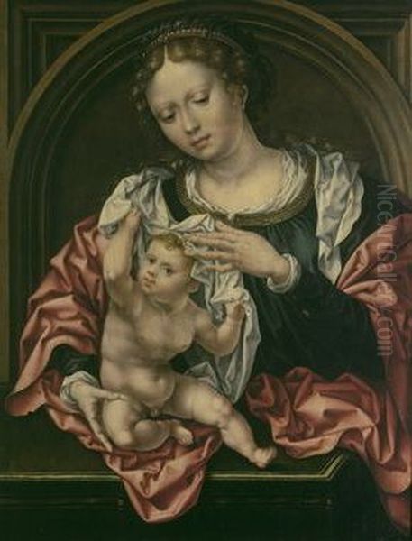 Maria met kind. Het kind speelt met de sluier Oil Painting by Jan Gossaert