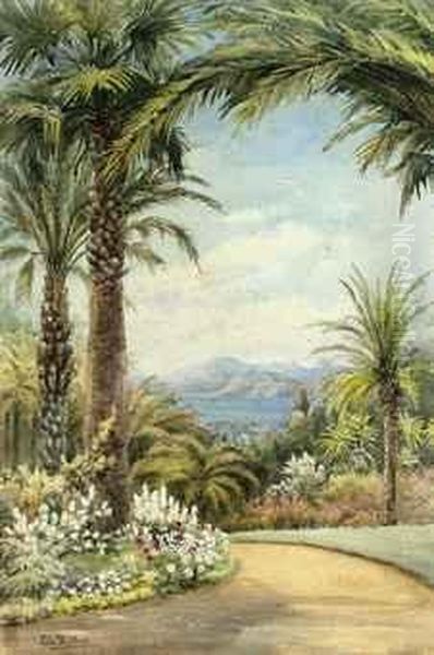 Palms Above The Mediterranean Coast Oil Painting by Du Ella Cane