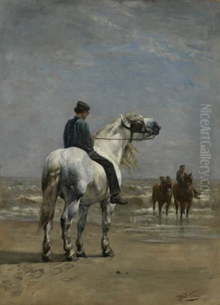 On the beach Oil Painting by Alfred Verwee