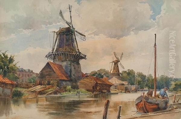 Dutch Canal With Windmills Oil Painting by Du Ella Cane