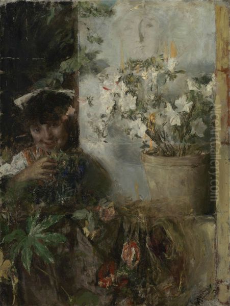 Girl with flowers Oil Painting by Antonio Mancini