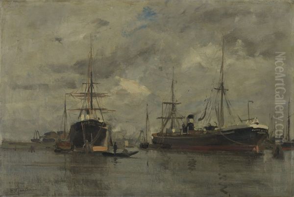 In the docks (Amsterdam) Oil Painting by Hendrik Willebrord Jansen