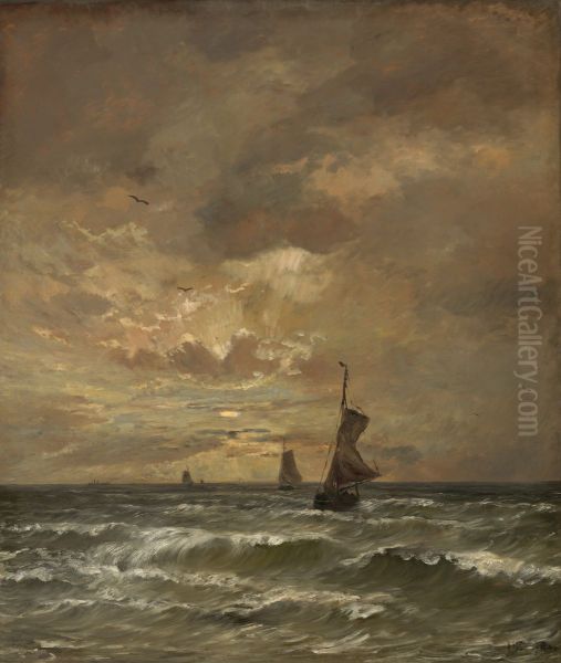 Ondergaande zon met woelige zee Oil Painting by Hendrik Willem Mesdag