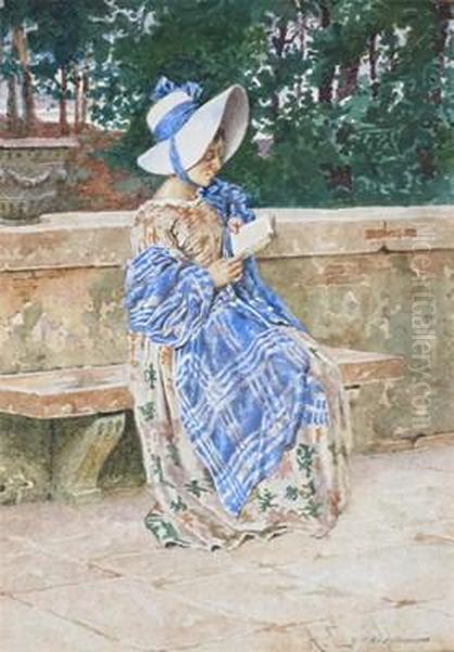 A Lady Seated On A Stone Bench Reading A Book Oil Painting by A. Canella