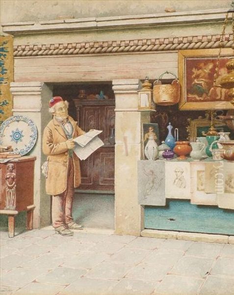 Anantique Dealer Standing Outside His Shop Oil Painting by A. Canella