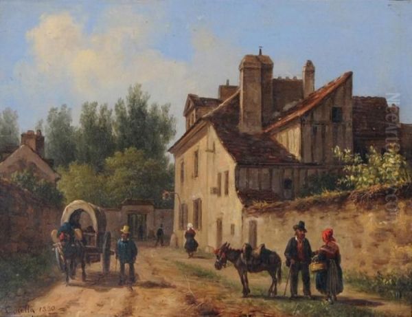 Strade Paesane Con Figure E Carretto Oil Painting by Carlo Canella