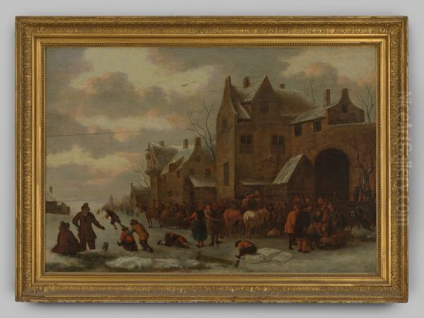 Winterlandschap met figuren op het ijs buiten een stad Oil Painting by Geldersch Landschap en Kasteelen