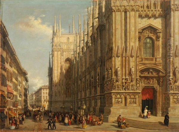 Veduta Della Corsia Del Duomo Di Milano Oil Painting by Carlo Canella